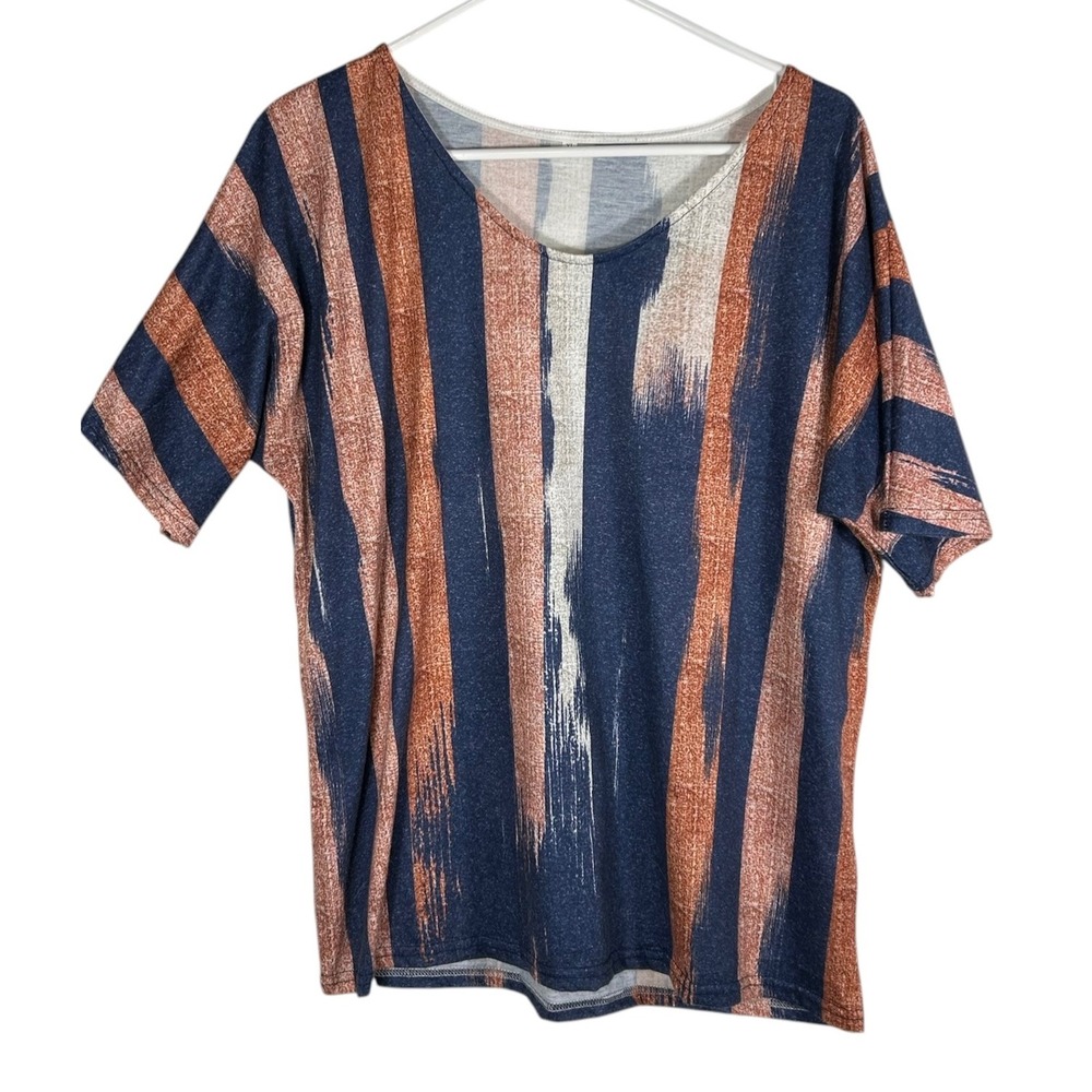 Womens XL Abstract Brushstroke Striped Scoop Neck Short Sleeve Top Navy Orange
